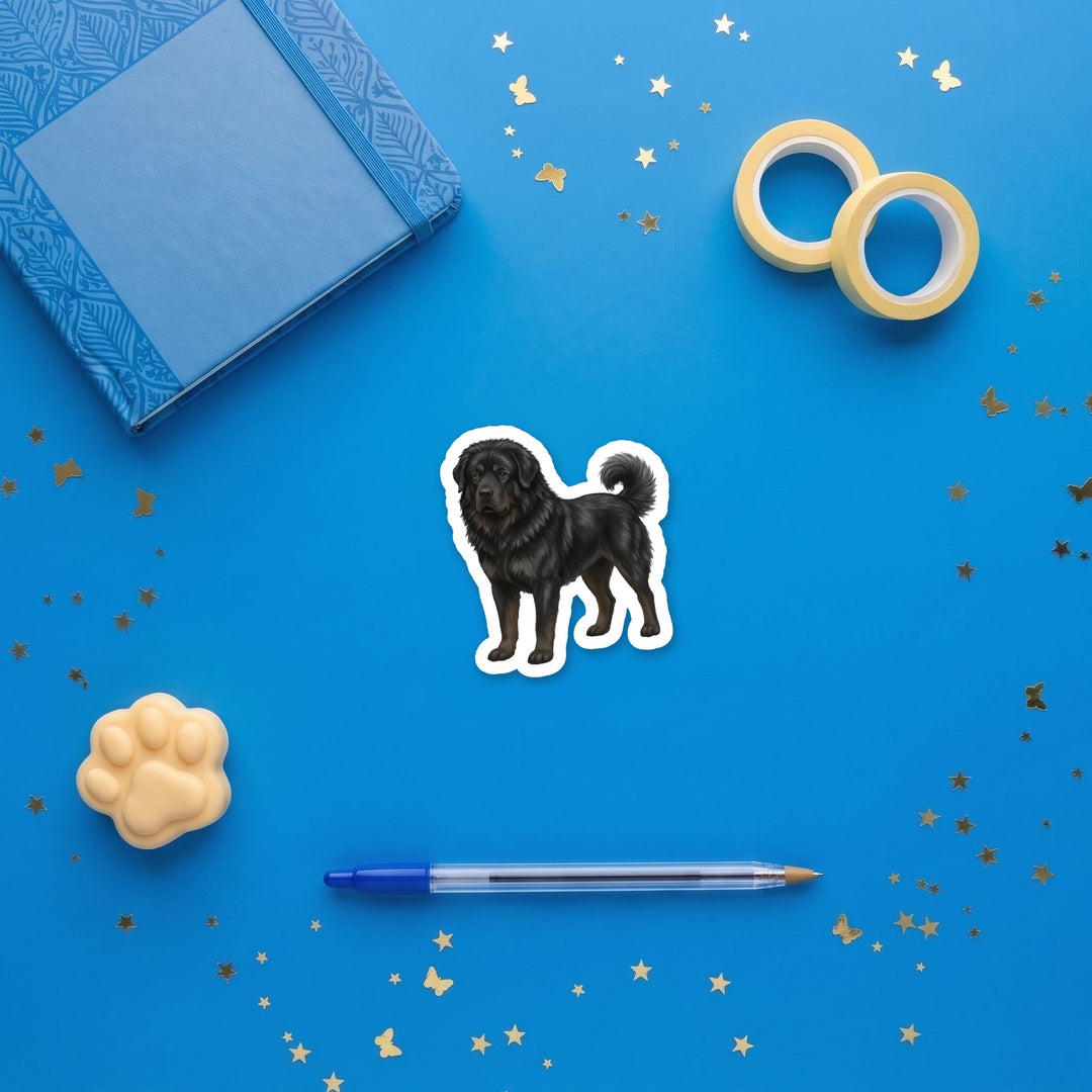 Tibetan Mastiff Black watercolor 3 inch sticker flat lay with blue and yellow stationery – Designs by Mysh
