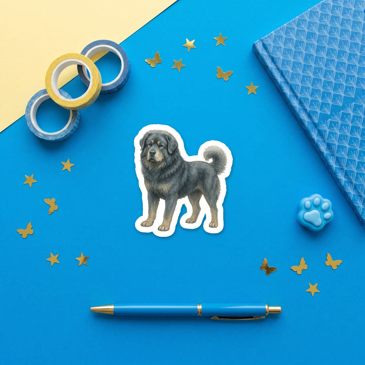 Tibetan Mastiff Blue Gray watercolor 3 inch sticker flat lay with blue and yellow stationery – Designs by Mysh