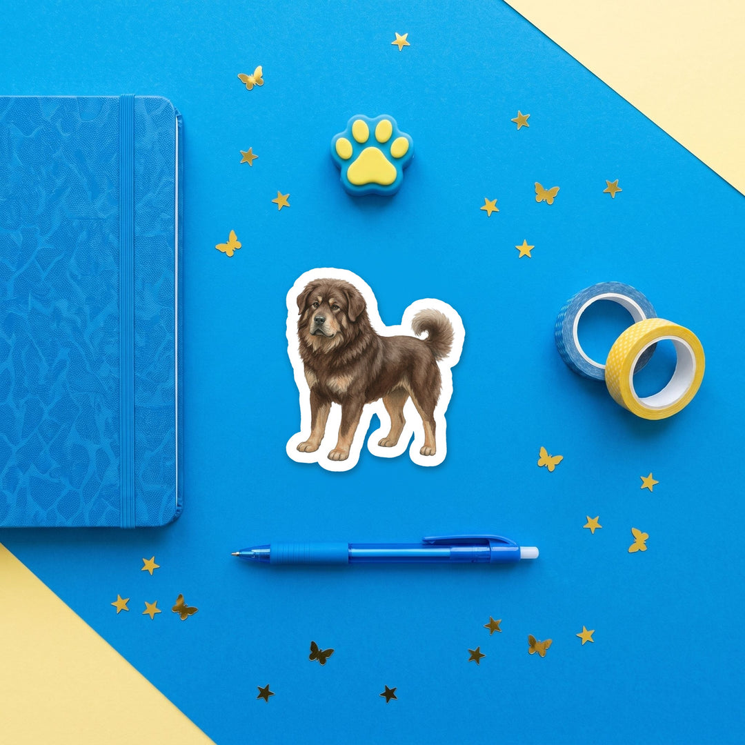 Tibetan Mastiff Brown watercolor 3 inch sticker flat lay with blue and yellow stationery – Designs by Mysh