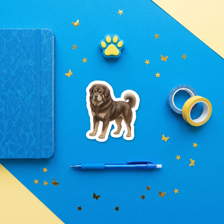 Tibetan Mastiff Brown watercolor 3 inch sticker flat lay with blue and yellow stationery – Designs by Mysh