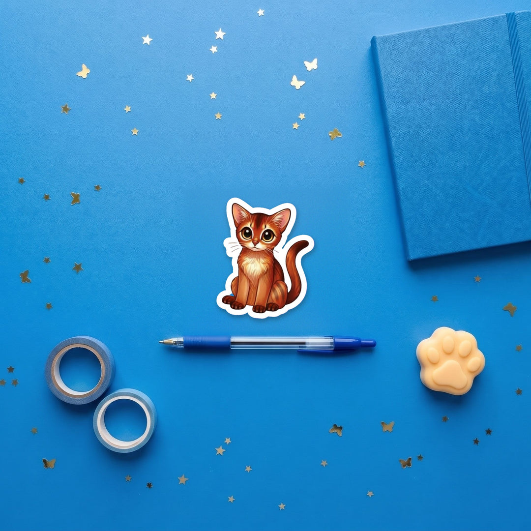 Abyssinian Cinnamon kawaii 3 inch fridge magnet flat lay with blue and yellow stationery – Designs by Mysh