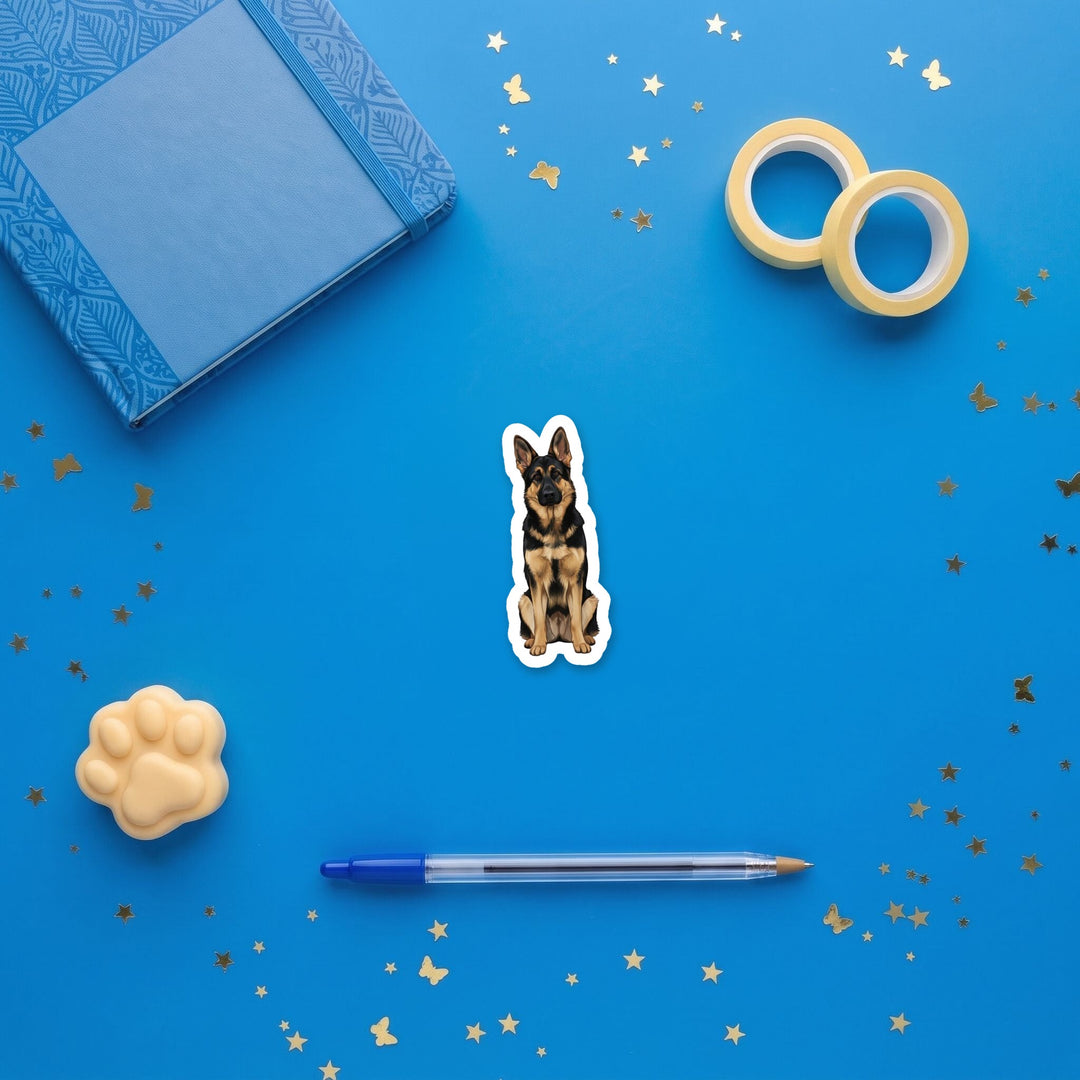 German Shepherd Black and Tan watercolor 3 inch sticker flat lay with blue and yellow stationery – Designs by Mysh