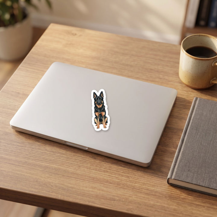 German Shepherd Black and Red watercolor vinyl sticker on a laptop lid – Designs by Mysh