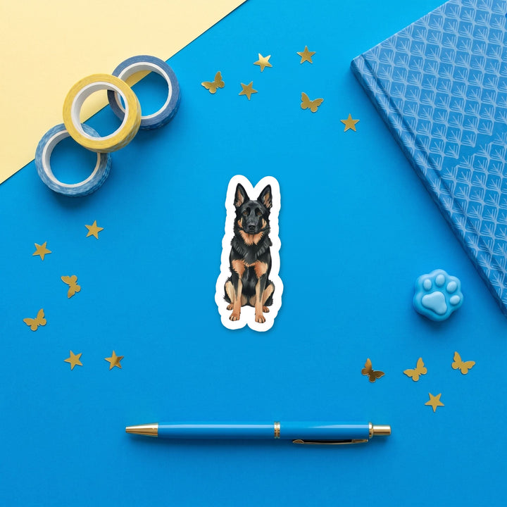 German Shepherd Black and Red watercolor 3 inch sticker flat lay with blue and yellow stationery – Designs by Mysh