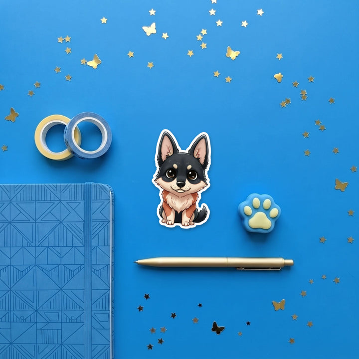 German Shepherd Black and Red kawaii 3 inch sticker flat lay with blue and yellow stationery – Designs by Mysh
