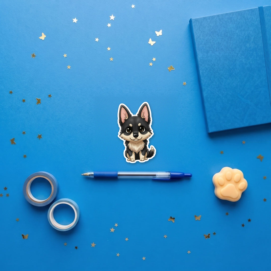German Shepherd Black and Tan kawaii 3 inch sticker flat lay with blue and yellow stationery – Designs by Mysh