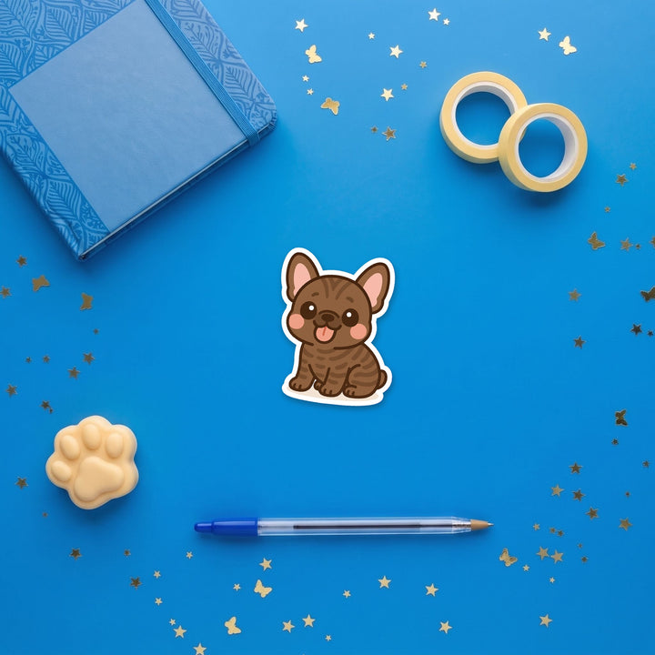 French Bulldog Brindle kawaii 3 inch sticker flat lay with blue and yellow stationery – Designs by Mysh