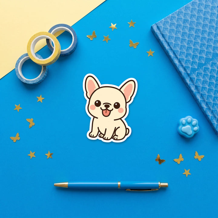 French Bulldog Cream kawaii 3 inch sticker flat lay with blue and yellow stationery – Designs by Mysh