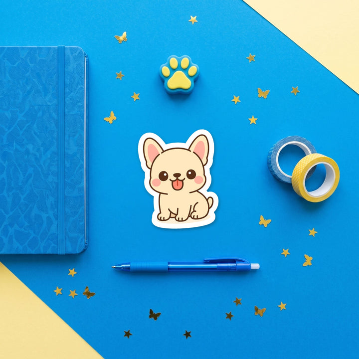 French Bulldog White kawaii 3 inch sticker flat lay with blue and yellow stationery – Designs by Mysh