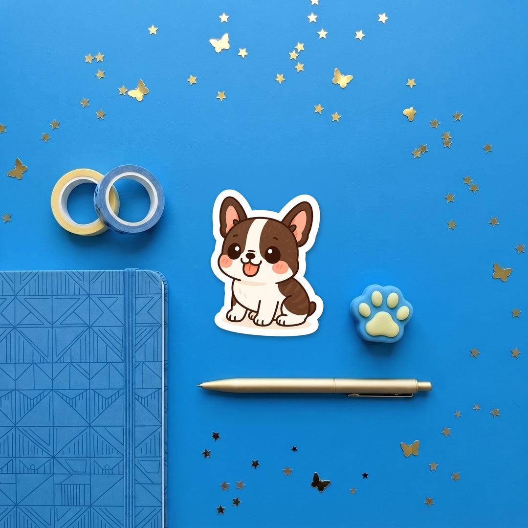 French Bulldog White and Brindle kawaii 3 inch sticker flat lay with blue and yellow stationery – Designs by Mysh