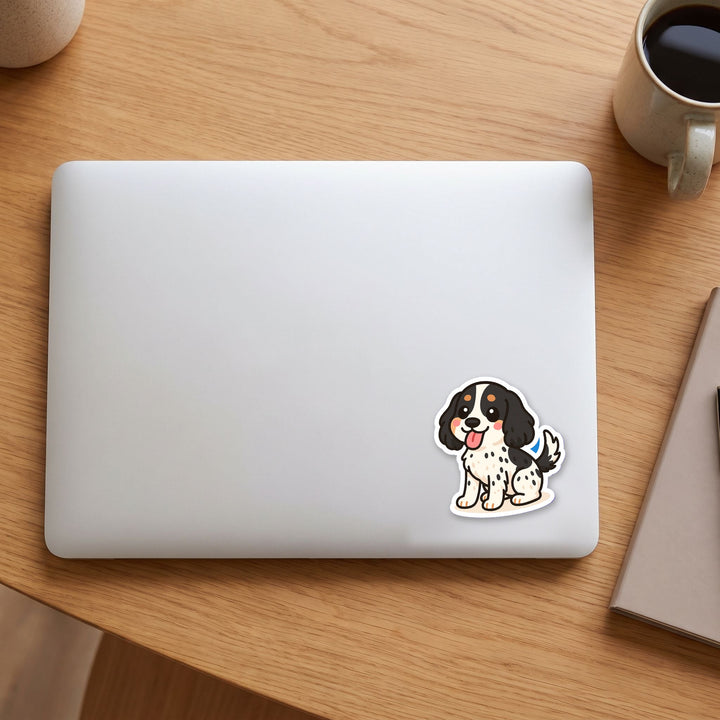 English Cocker Spaniel Black White and Tan kawaii vinyl sticker on a laptop lid – Designs by Mysh