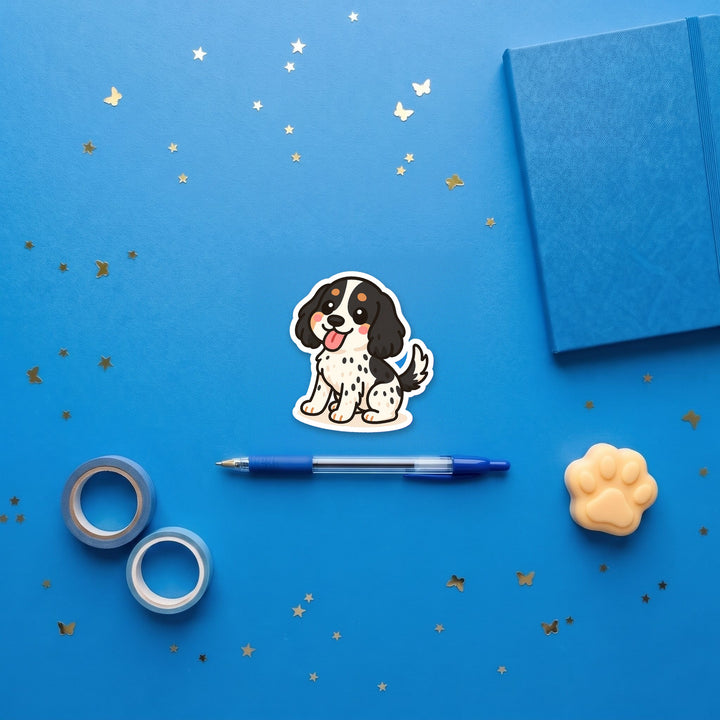 English Cocker Spaniel Black White and Tan kawaii 3 inch sticker flat lay with blue and yellow stationery – Designs by Mysh
