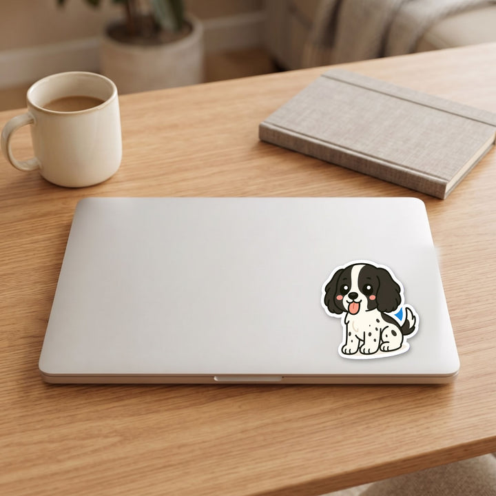 English Cocker Spaniel Black and White kawaii vinyl sticker on a laptop lid – Designs by Mysh