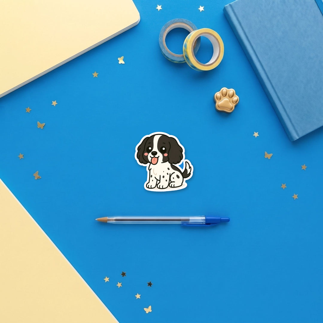 English Cocker Spaniel Black and White kawaii 3 inch sticker flat lay with blue and yellow stationery – Designs by Mysh