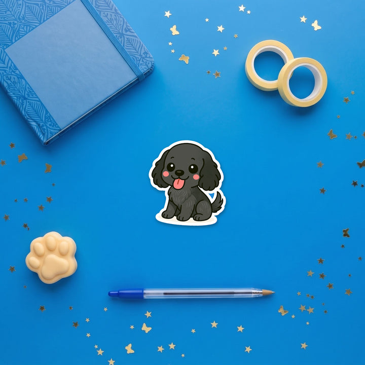 English Cocker Spaniel Blue Roan kawaii 3 inch sticker flat lay with blue and yellow stationery – Designs by Mysh