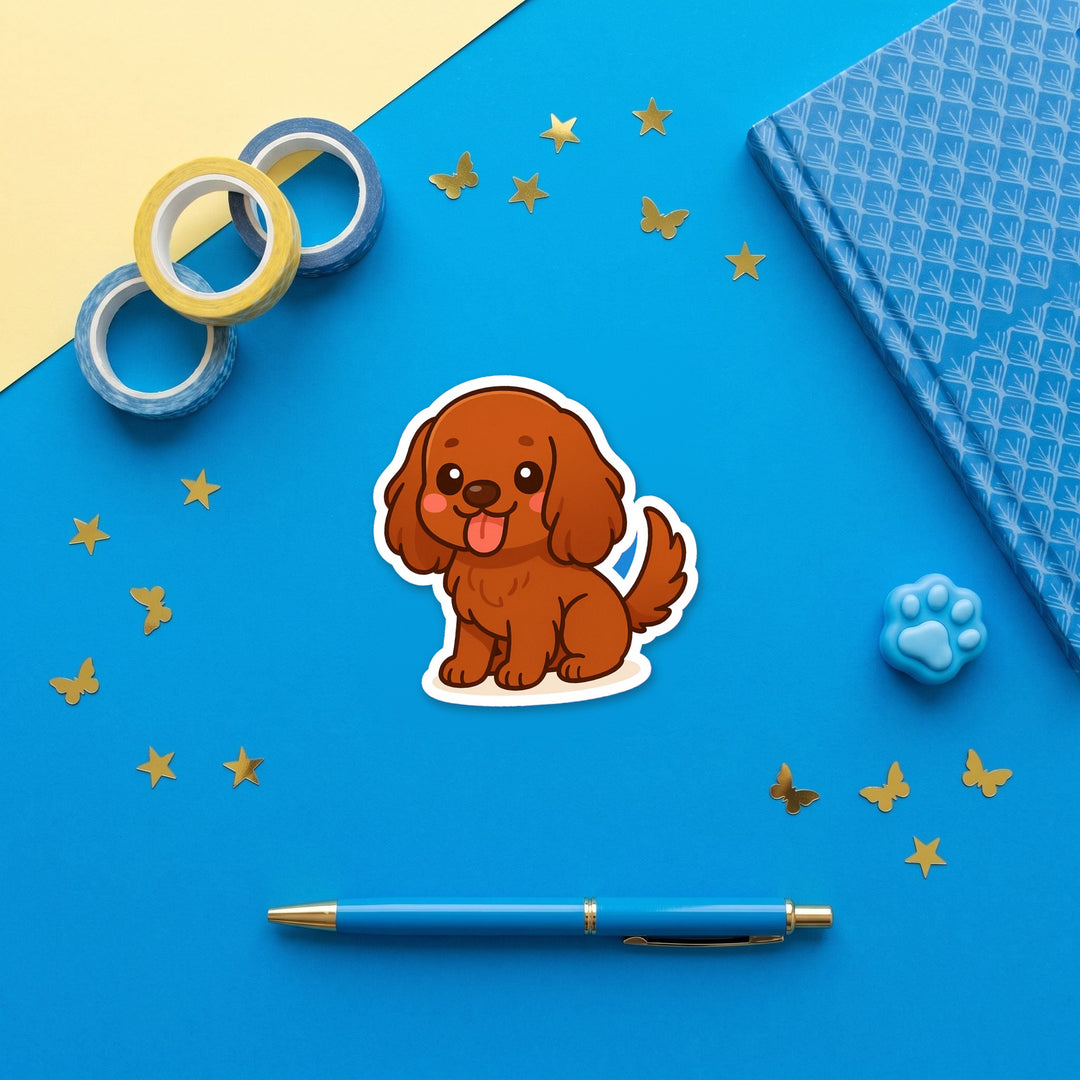 English Cocker Spaniel Red kawaii 3 inch sticker flat lay with blue and yellow stationery – Designs by Mysh