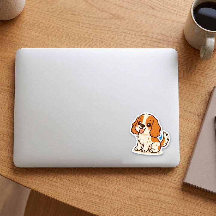 English Cocker Spaniel Orange and White kawaii vinyl sticker on a laptop lid – Designs by Mysh