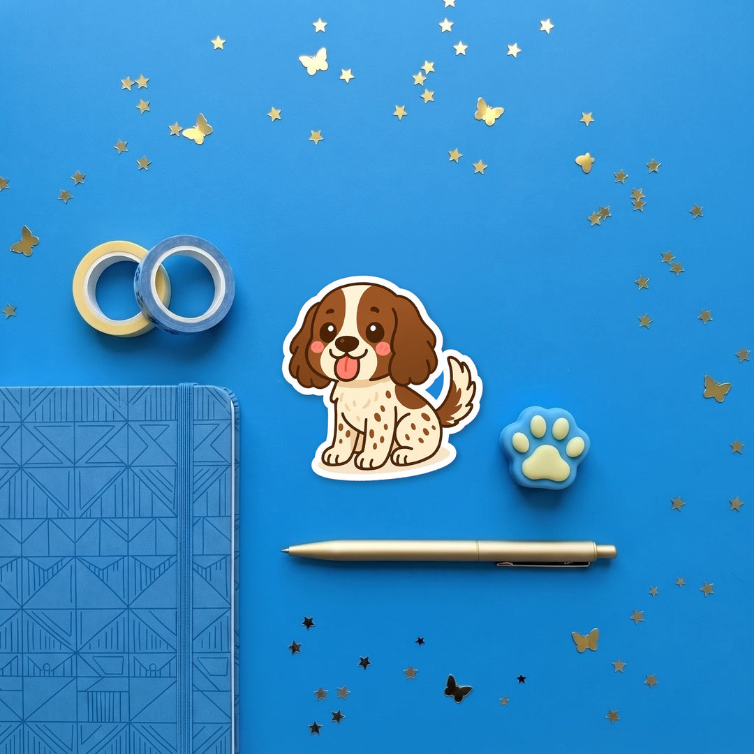 English Cocker Spaniel Liver and White kawaii 3 inch sticker flat lay with blue and yellow stationery – Designs by Mysh