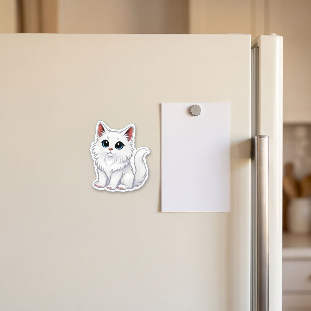 Maine Coon White kawaii fridge magnet on a refrigerator door – Designs by Mysh