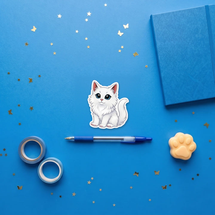 Maine Coon White kawaii 3 inch fridge magnet flat lay with blue and yellow stationery – Designs by Mysh
