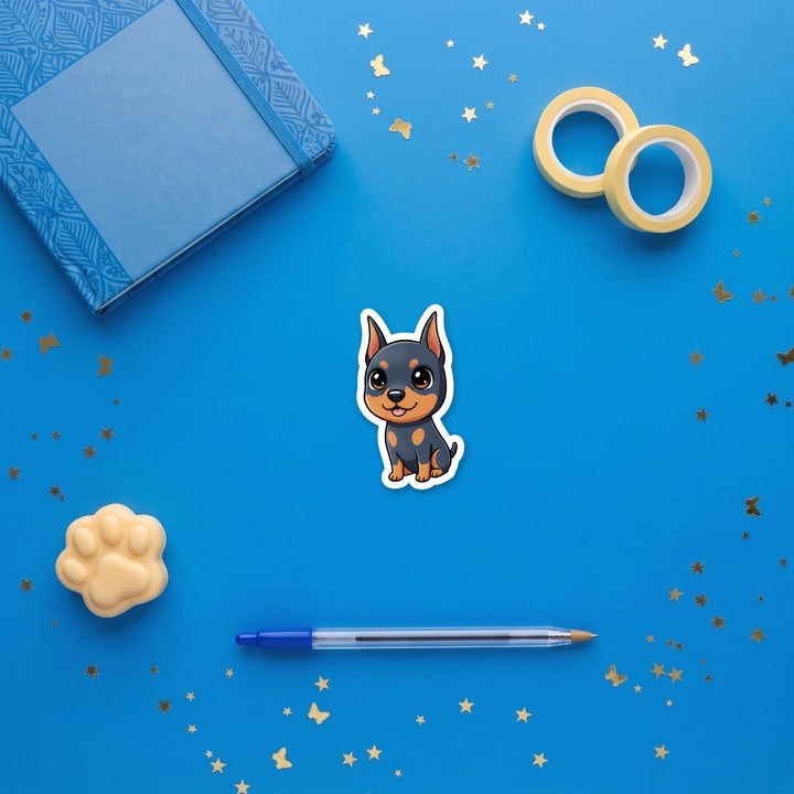 Doberman Pinscher Blue and Rust kawaii 3 inch fridge magnet flat lay with blue and yellow stationery – Designs by Mysh