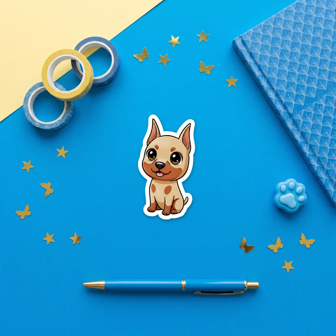 Doberman Pinscher Fawn and Rust kawaii 3 inch fridge magnet flat lay with blue and yellow stationery – Designs by Mysh