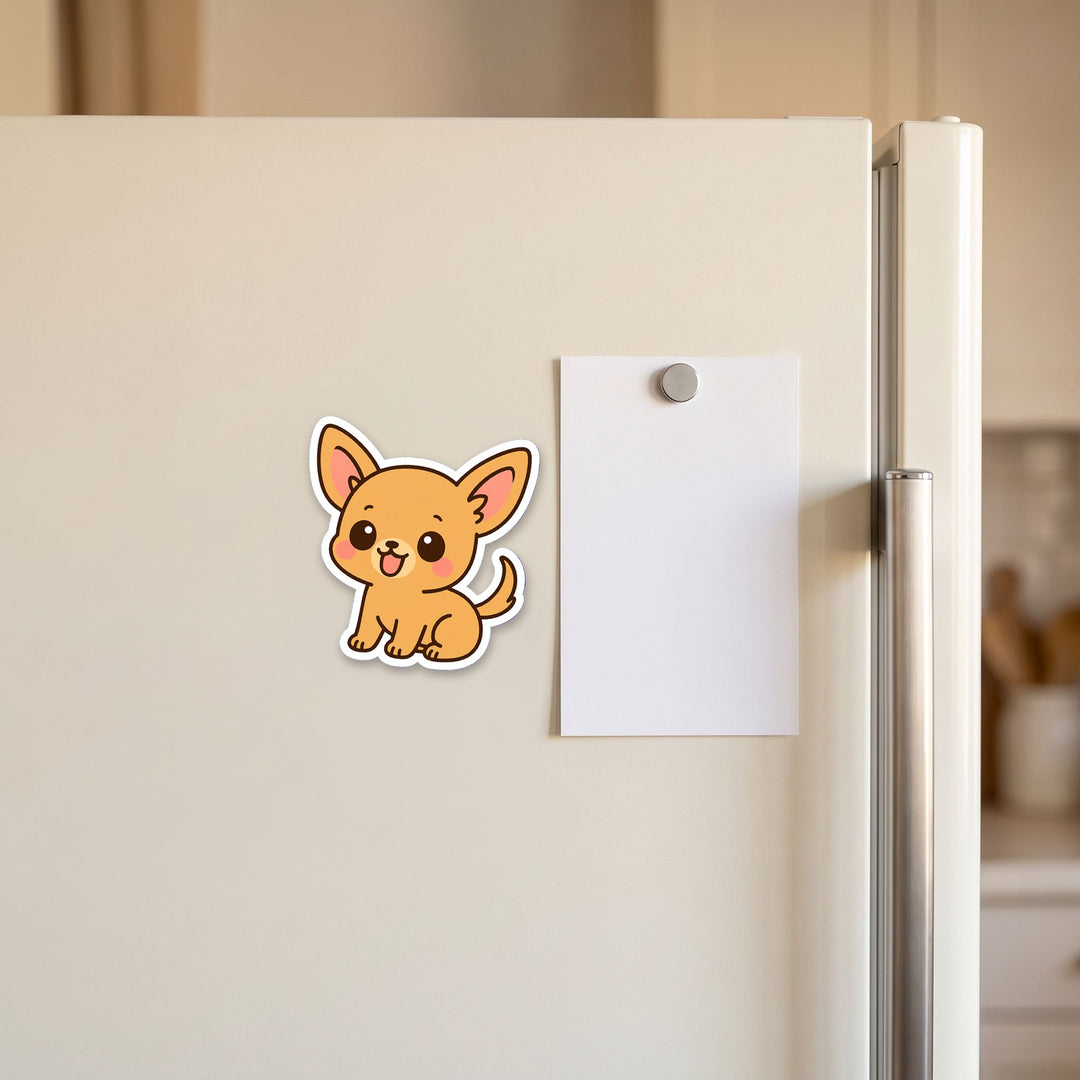 Chihuahua Fawn kawaii fridge magnet on a refrigerator door – Designs by Mysh