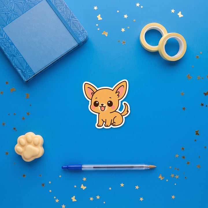 Chihuahua Fawn kawaii 3 inch fridge magnet flat lay with blue and yellow stationery – Designs by Mysh