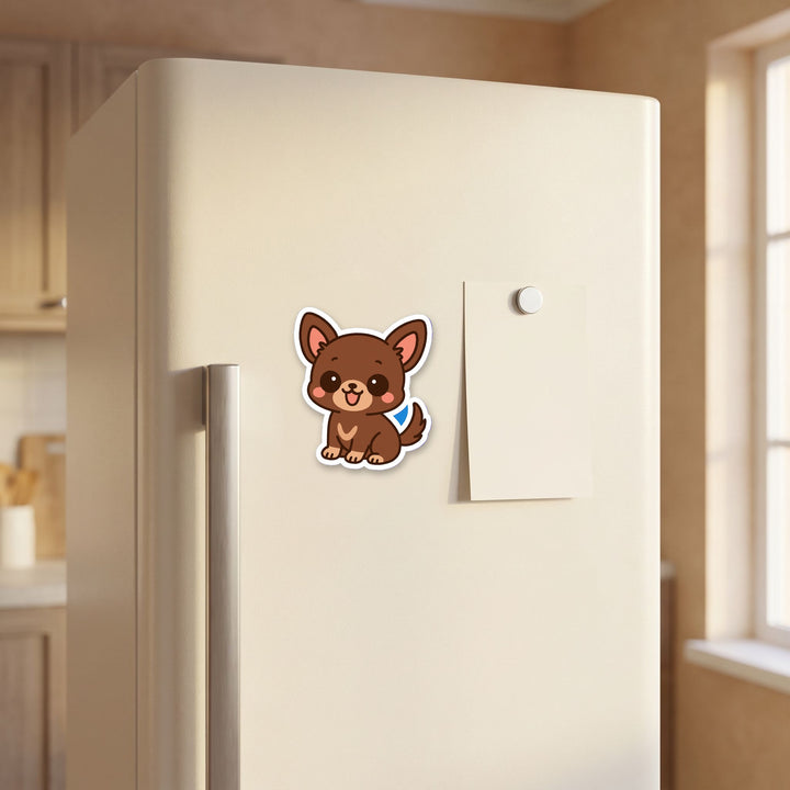 Chihuahua Chocolate kawaii fridge magnet on a refrigerator door – Designs by Mysh