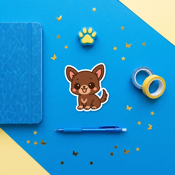 Chihuahua Chocolate kawaii 3 inch fridge magnet flat lay with blue and yellow stationery – Designs by Mysh