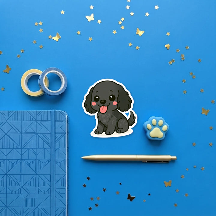 English Cocker Spaniel Blue Roan kawaii 3 inch fridge magnet flat lay with blue and yellow stationery – Designs by Mysh