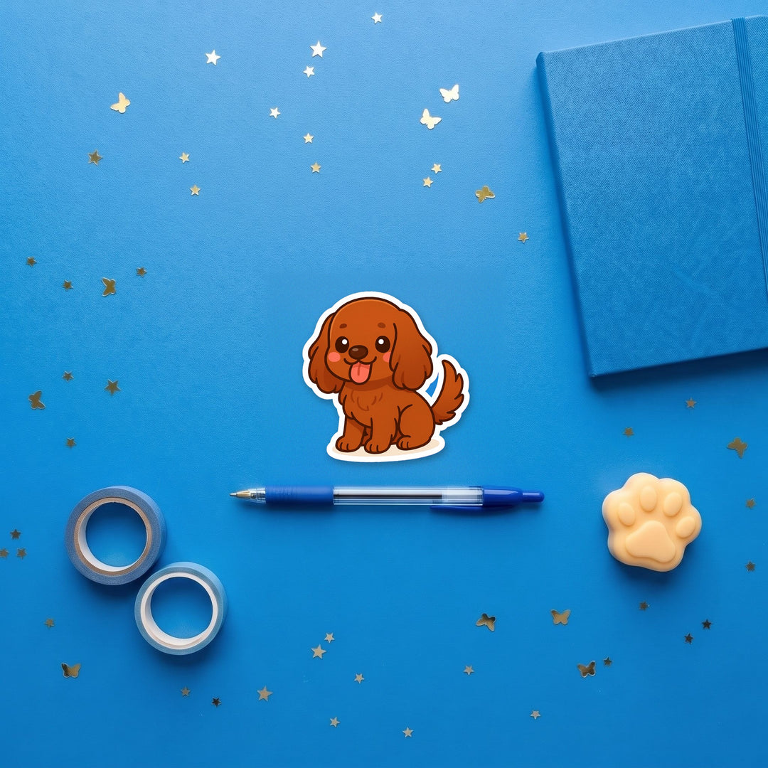 English Cocker Spaniel Red kawaii 3 inch fridge magnet flat lay with blue and yellow stationery – Designs by Mysh