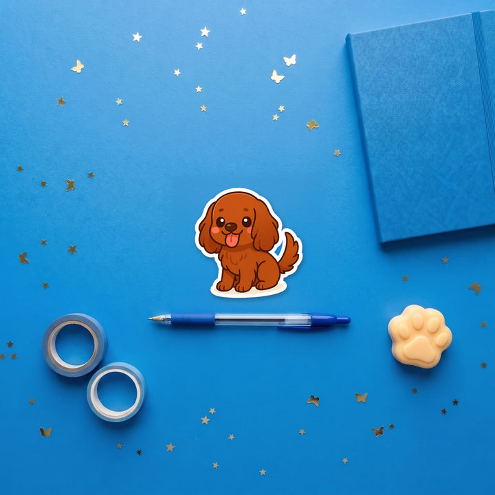 English Cocker Spaniel Red kawaii 3 inch fridge magnet flat lay with blue and yellow stationery – Designs by Mysh