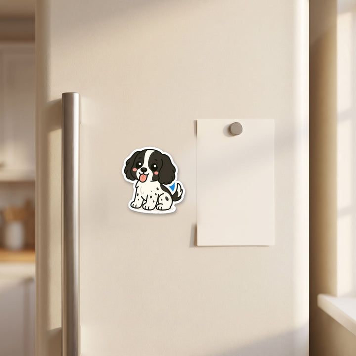 English Cocker Spaniel Black and White kawaii fridge magnet on a refrigerator door – Designs by Mysh