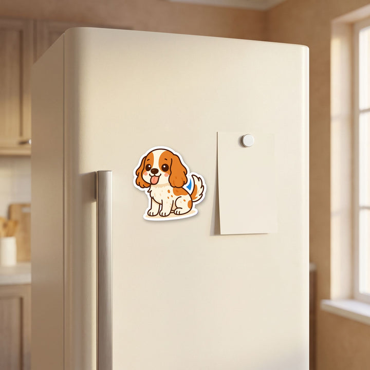 English Cocker Spaniel Orange and White kawaii fridge magnet on a refrigerator door – Designs by Mysh