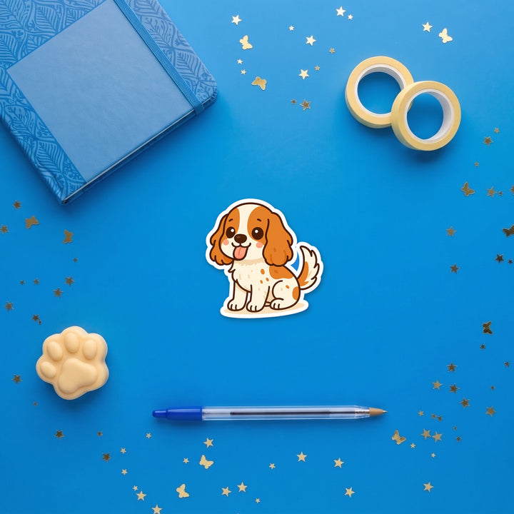 English Cocker Spaniel Orange and White kawaii 3 inch fridge magnet flat lay with blue and yellow stationery – Designs by Mysh