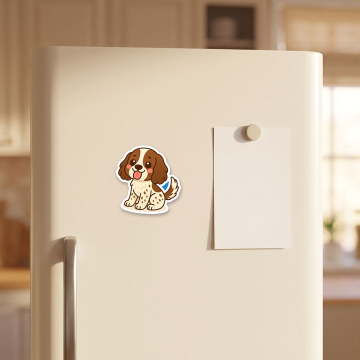 English Cocker Spaniel Liver and White kawaii fridge magnet on a refrigerator door – Designs by Mysh