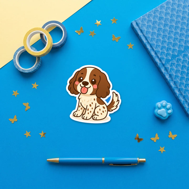 English Cocker Spaniel Liver and White kawaii 3 inch fridge magnet flat lay with blue and yellow stationery – Designs by Mysh