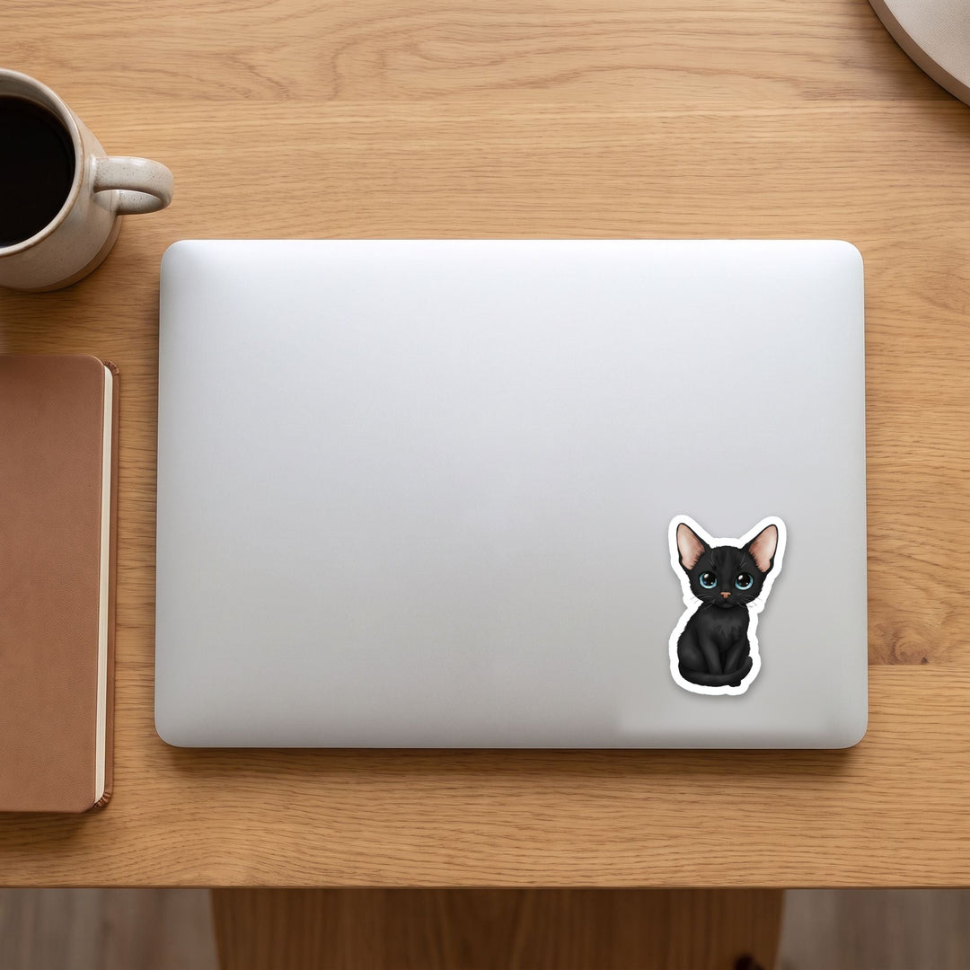 Devon Rex Black kawaii vinyl sticker on a laptop lid – Designs by Mysh