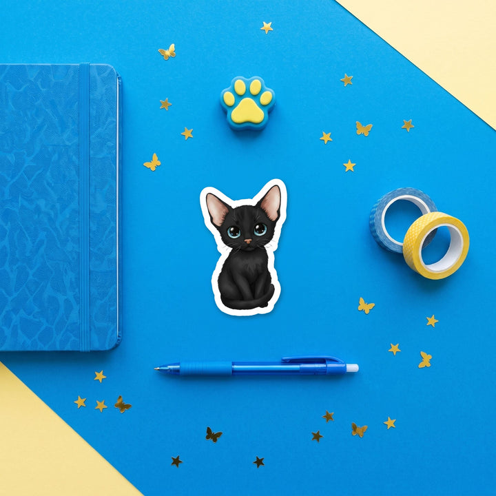 Devon Rex Black kawaii 3 inch sticker flat lay with blue and yellow stationery – Designs by Mysh