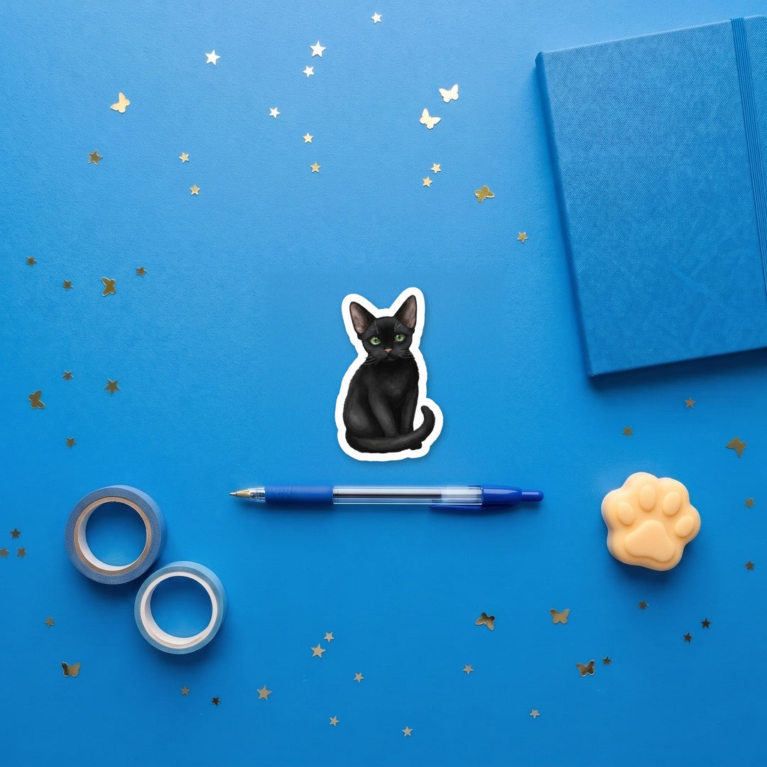 Devon Rex Black watercolor 3 inch sticker flat lay with blue and yellow stationery – Designs by Mysh