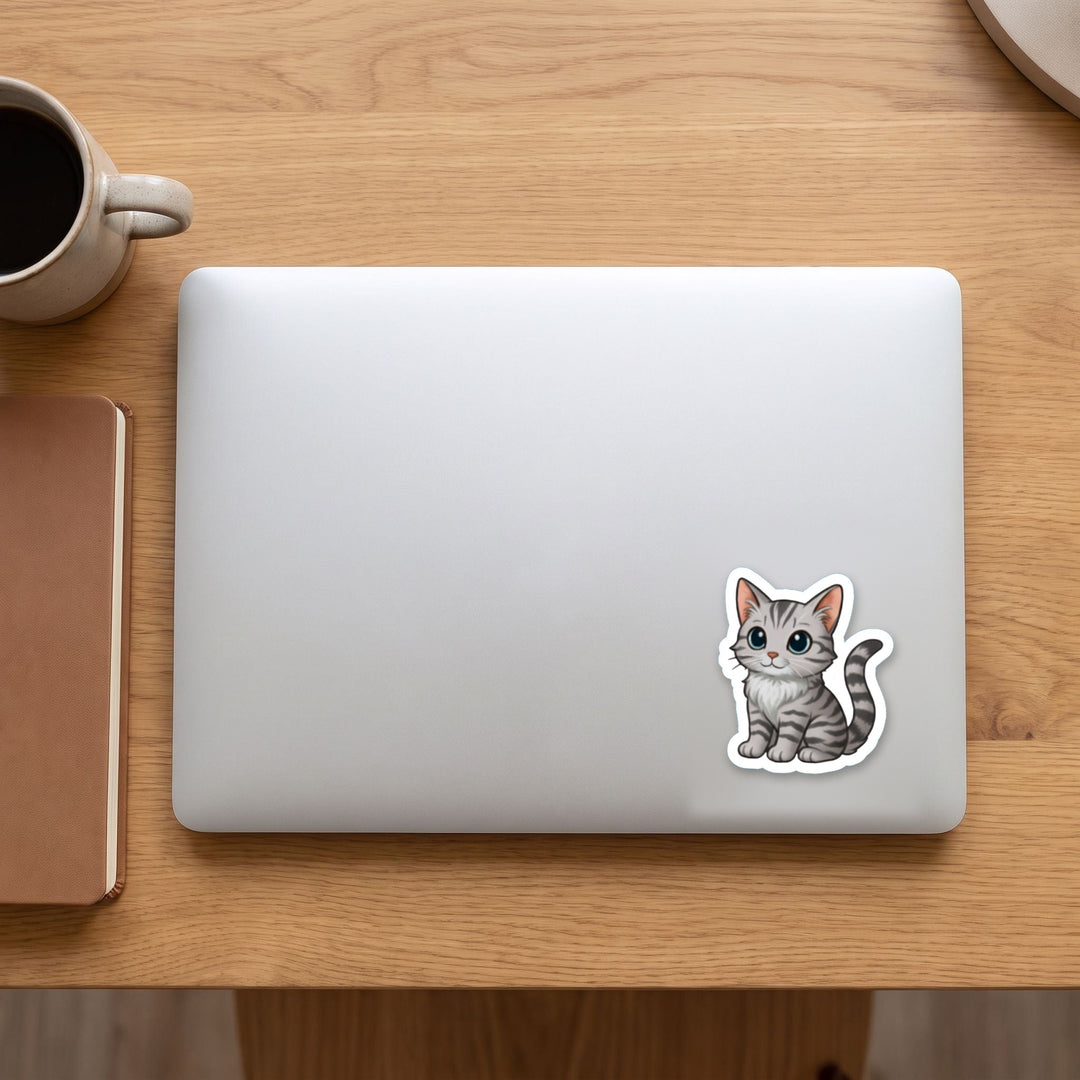 American Shorthair Silver Tabby kawaii vinyl sticker on a laptop lid – Designs by Mysh