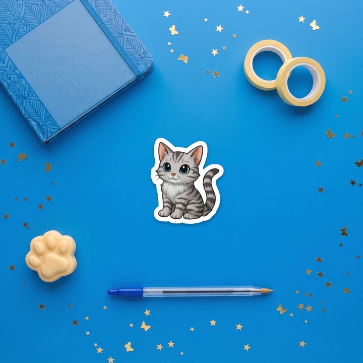 American Shorthair Silver Tabby kawaii 3 inch sticker flat lay with blue and yellow stationery – Designs by Mysh