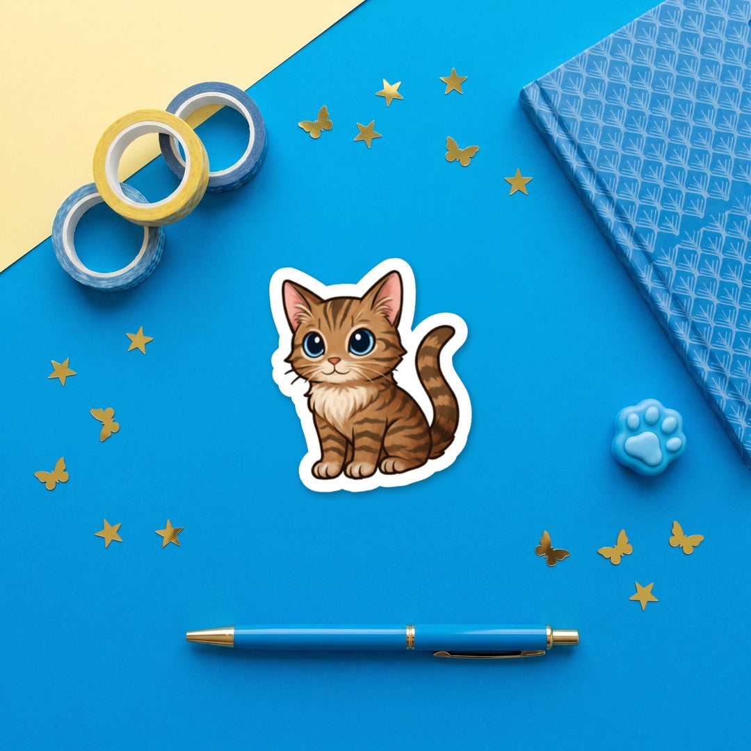 American Shorthair Brown Tabby kawaii 3 inch sticker flat lay with blue and yellow stationery – Designs by Mysh