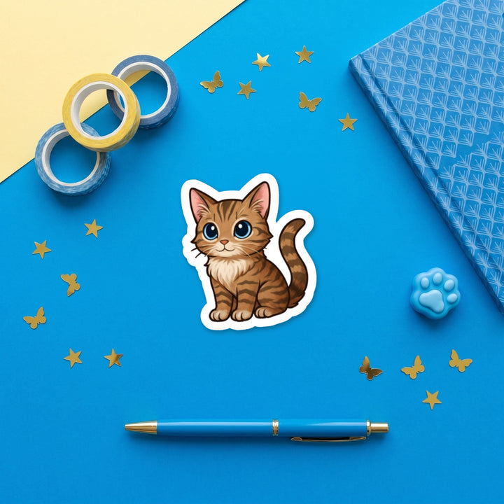 American Shorthair Brown Tabby kawaii 3 inch sticker flat lay with blue and yellow stationery – Designs by Mysh
