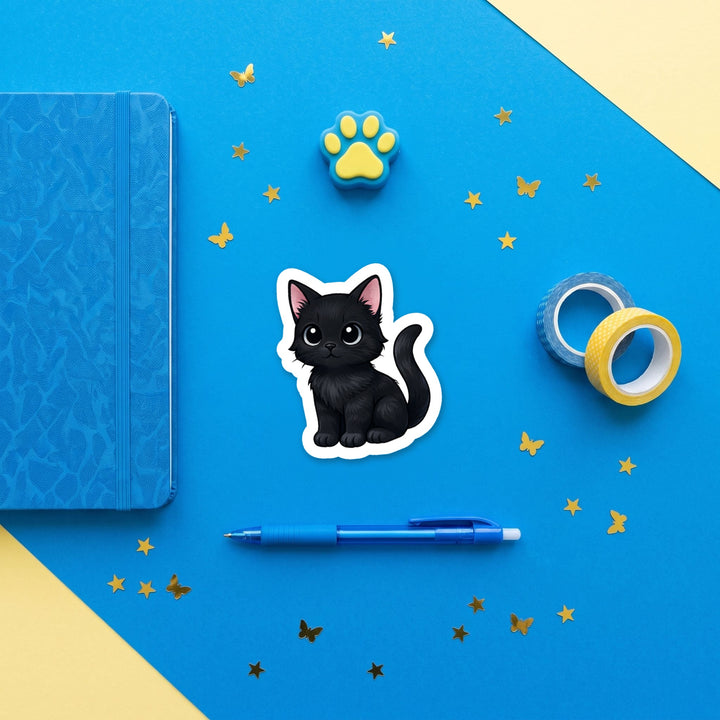 American Shorthair Black kawaii 3 inch sticker flat lay with blue and yellow stationery – Designs by Mysh