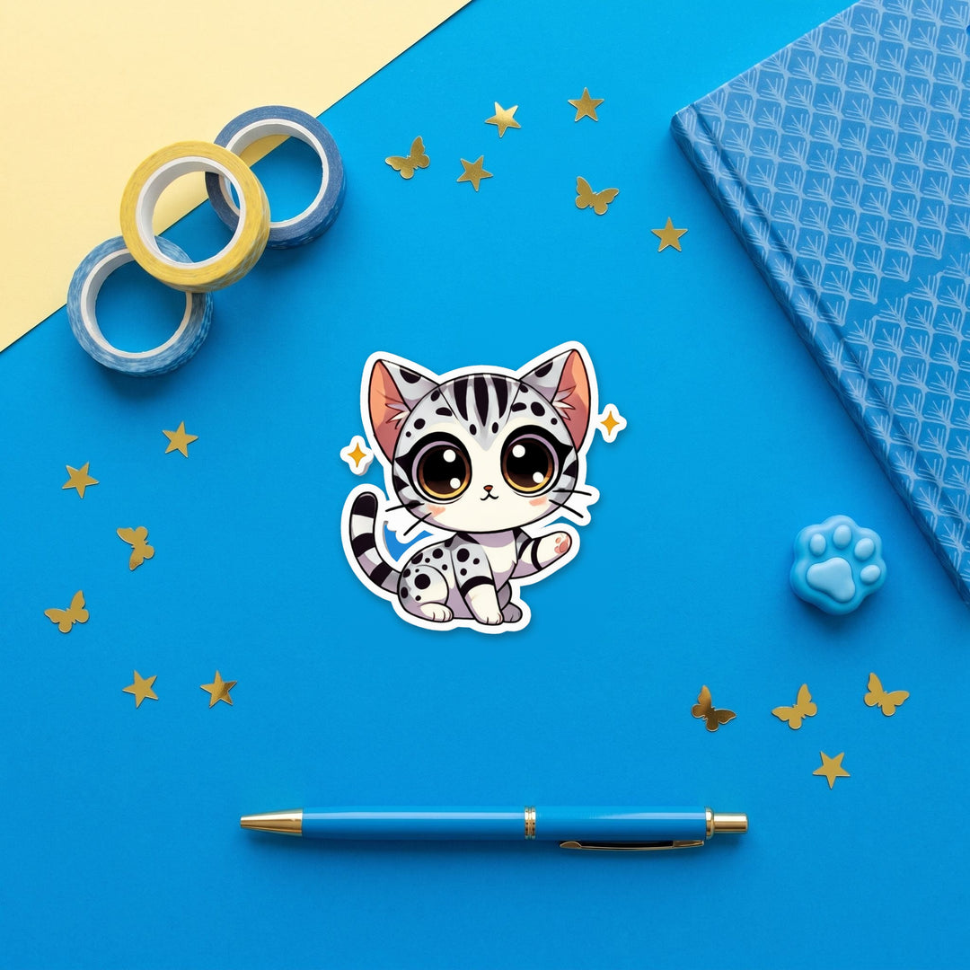 Bengal Black Silver Spotted kawaii 3 inch sticker flat lay with blue and yellow stationery – Designs by Mysh