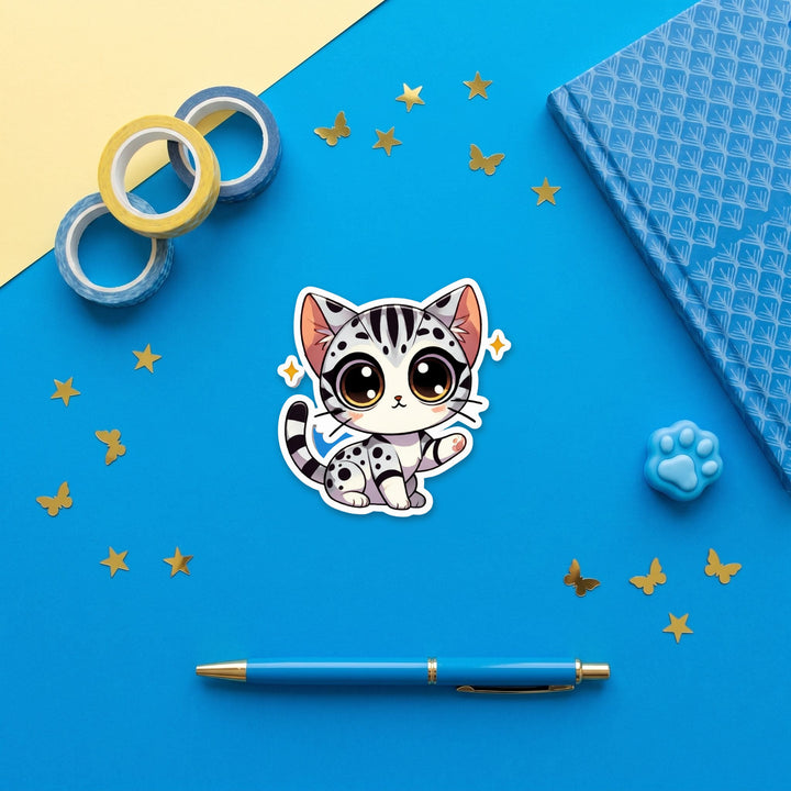 Bengal Black Silver Spotted kawaii 3 inch sticker flat lay with blue and yellow stationery – Designs by Mysh