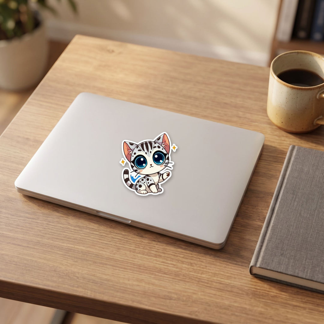 Bengal Seal Silver Lynx Point kawaii vinyl sticker on a laptop lid – Designs by Mysh