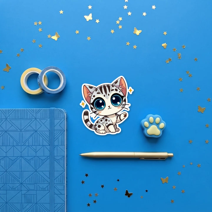 Bengal Seal Silver Lynx Point kawaii 3 inch sticker flat lay with blue and yellow stationery – Designs by Mysh